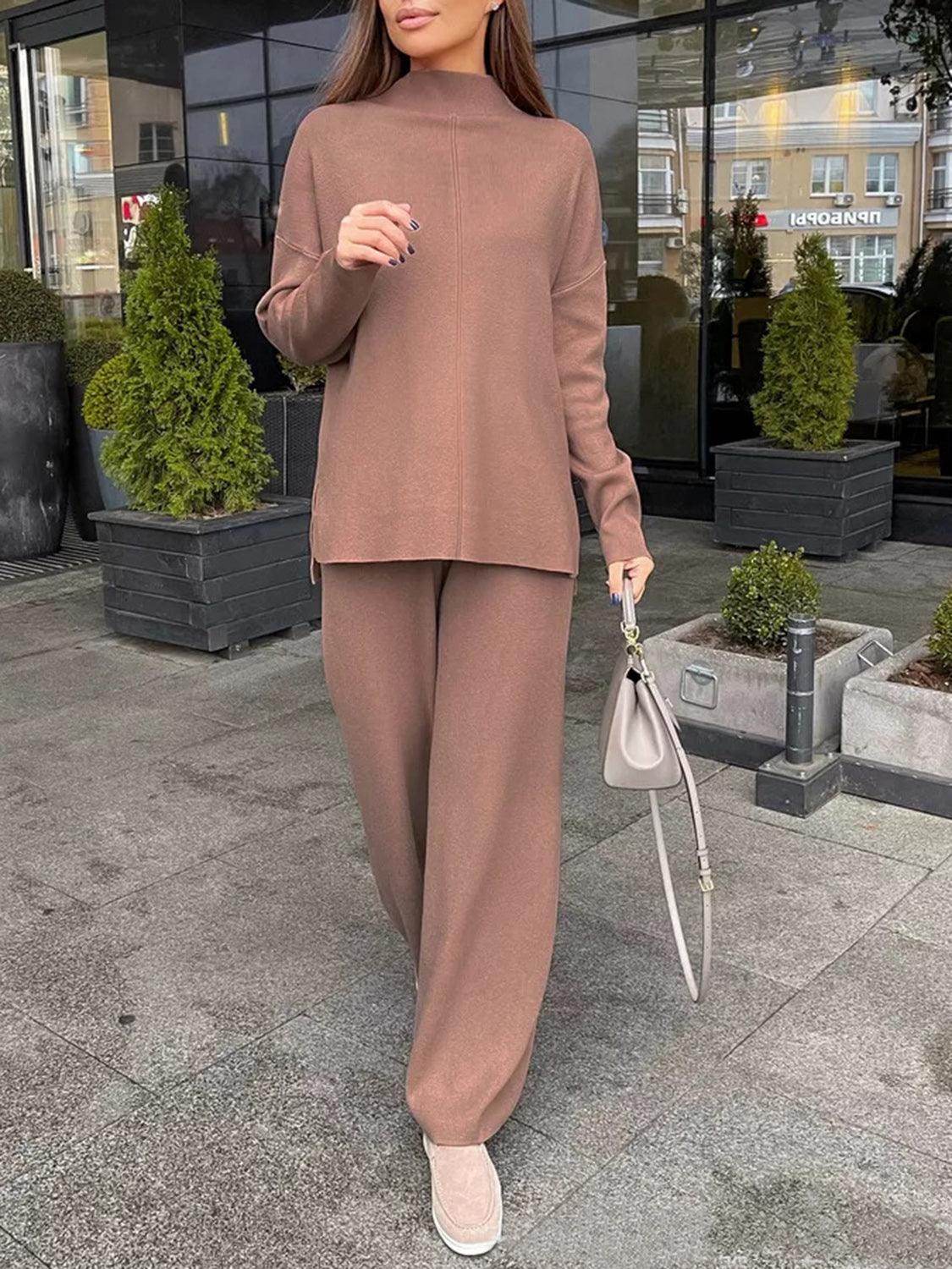 Slit Mock Neck Top and Pants Sweater Set for Women