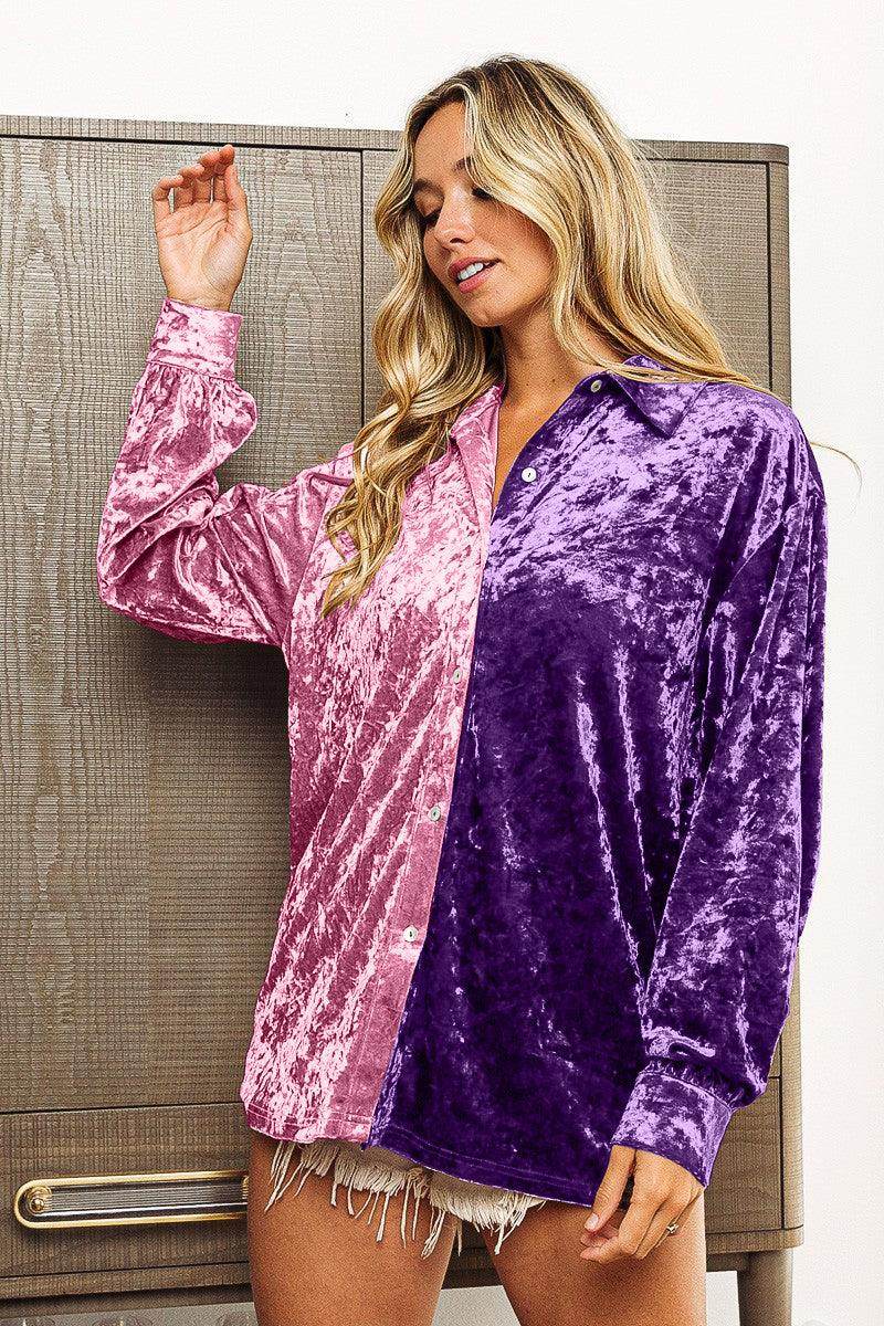 BiBi Contrast Button Up Long Sleeve Shirt for Women