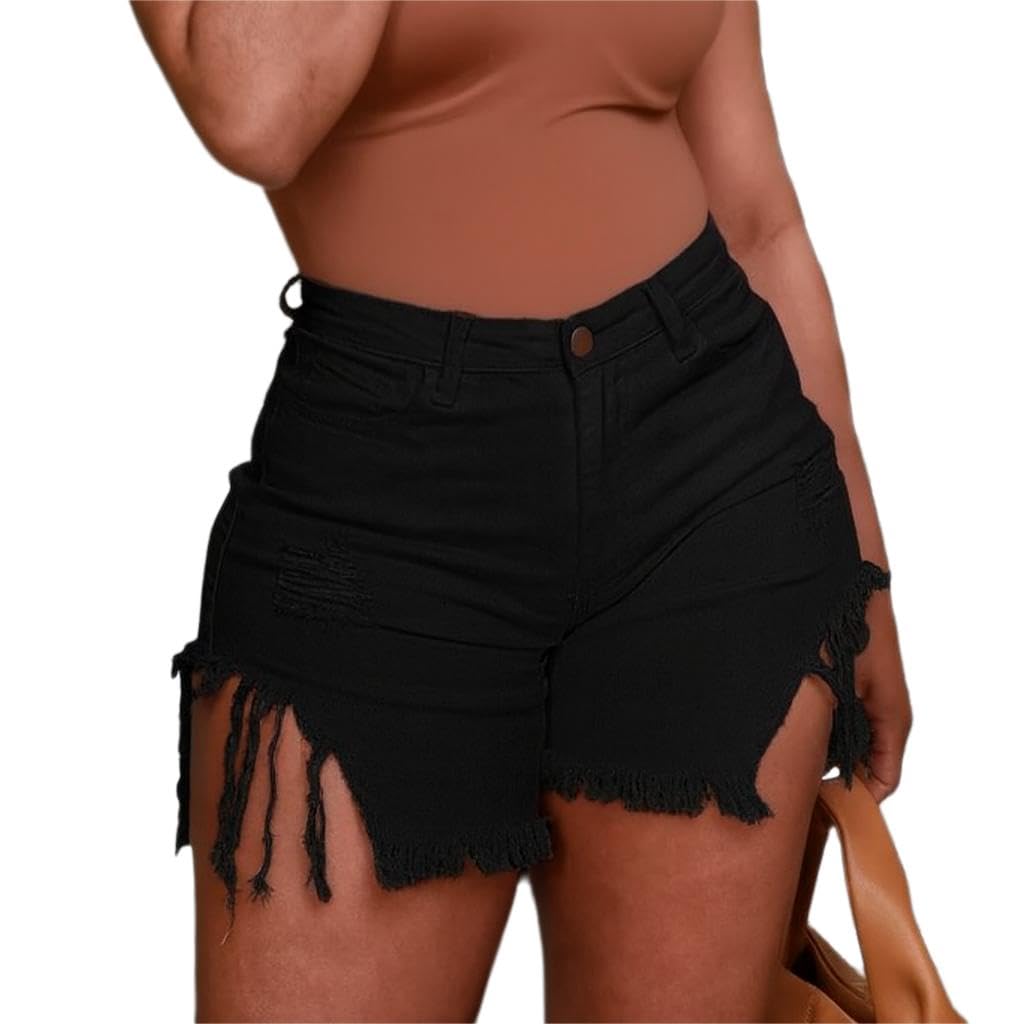 Women's Denim Shorts High Waisted Frayed Raw Hem Ripped Short Jeans | Fringe,Summer,Stretchy,with Pockets
