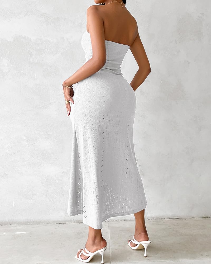 CHICME Women's Strapless Bodycon Maxi Dress Asymmetrical Hem | Ruched Wrap Detail, Eyelet Embroidery, Soft Stretch Fabric, Tube Top Neckline, Beach Vacation Wear, Wedding Guest Outfit