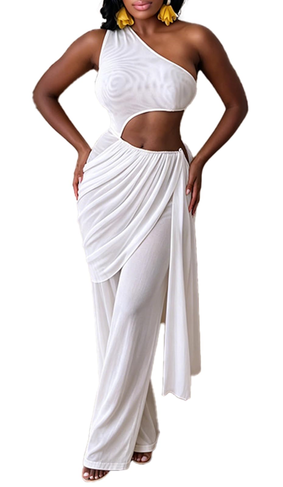 Sexy Jumpsuits for Women Cutout Sheer Mesh One Shoulder Draped Ruched Wrap One Piece Club Outfits for Women