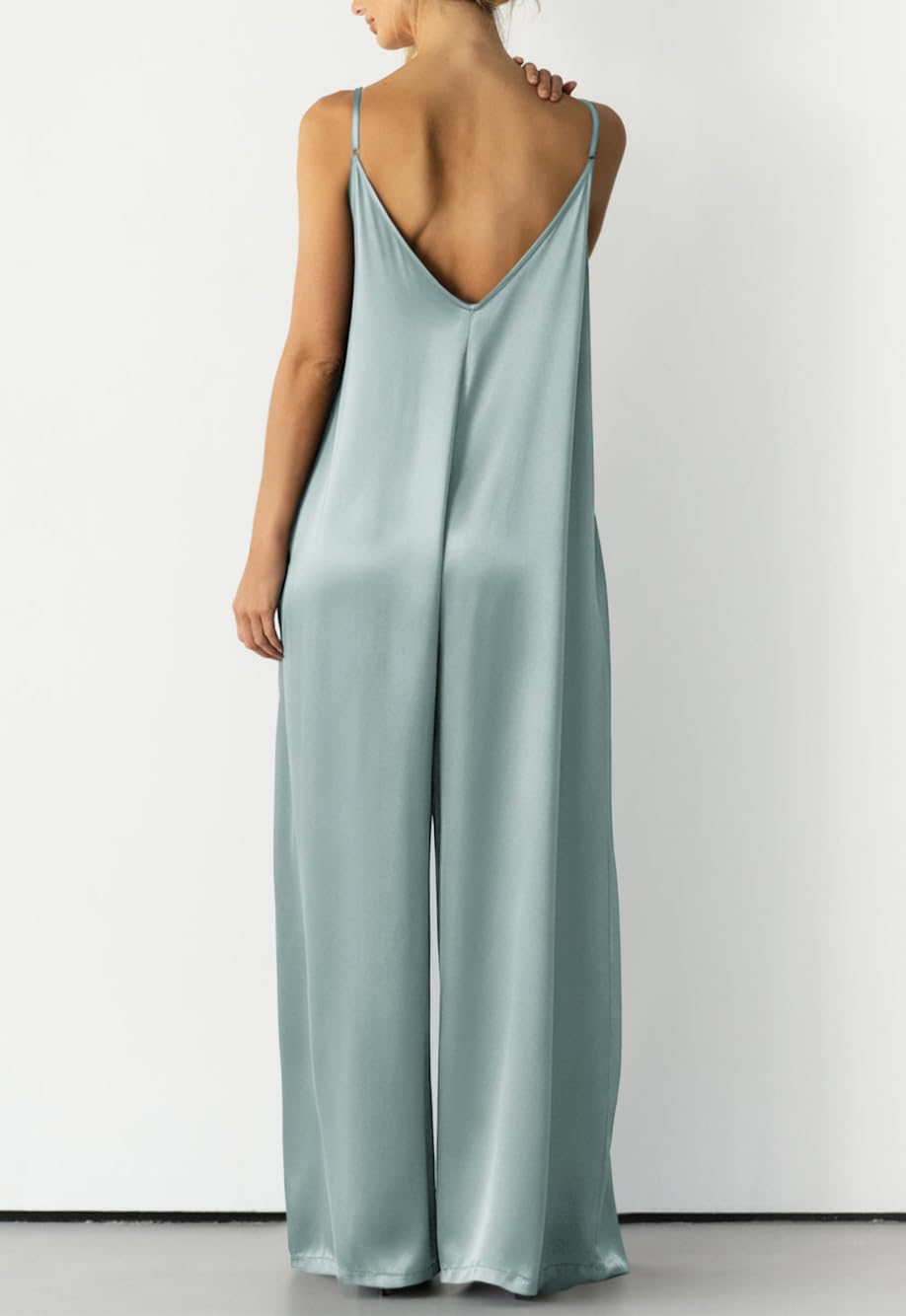 Womens Satin Wide Leg Jumpsuits Dressy Flowy Date Night Rompers Outfits | Silky Fabric,Casual Relaxed Fit,Formal,Wedding Guest,cocktail,Sexy V Neck,Spaghetti Strap,Summer,One Piece Outfit