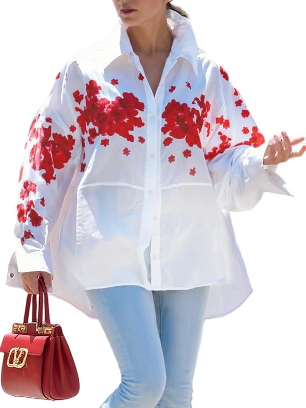 UOOZEE Women's Collar Long Sleeve Boyfriend Shirt Loose Oversized Business Casual High Low Tops Blouse