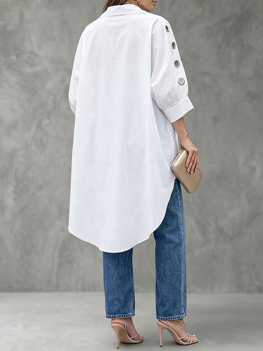 UOOZEE Womens Button Down Shirt Oversized 3/4 Puff Sleeve High Low Blouse