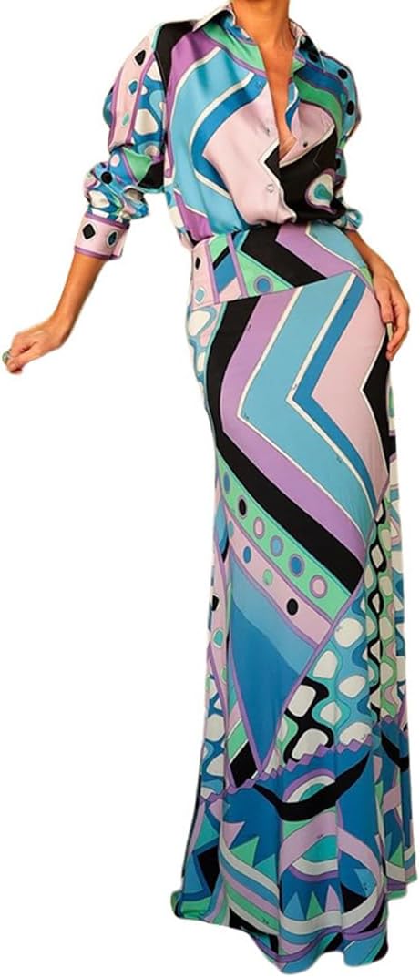 THLAI Two Piece Skirt Set for Women Tropical Irregular Printed Satin Long Sleeve Shirt Top Maxi Skirt Trendy Vacation Sets