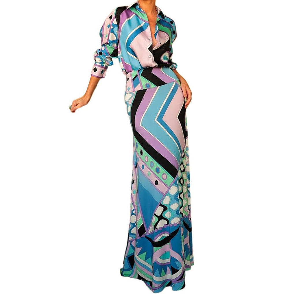 THLAI Two Piece Skirt Set for Women Tropical Irregular Printed Satin Long Sleeve Shirt Top Maxi Skirt Trendy Vacation Sets