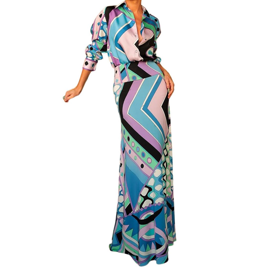 THLAI Two Piece Skirt Set for Women Tropical Irregular Printed Satin Long Sleeve Shirt Top Maxi Skirt Trendy Vacation Sets
