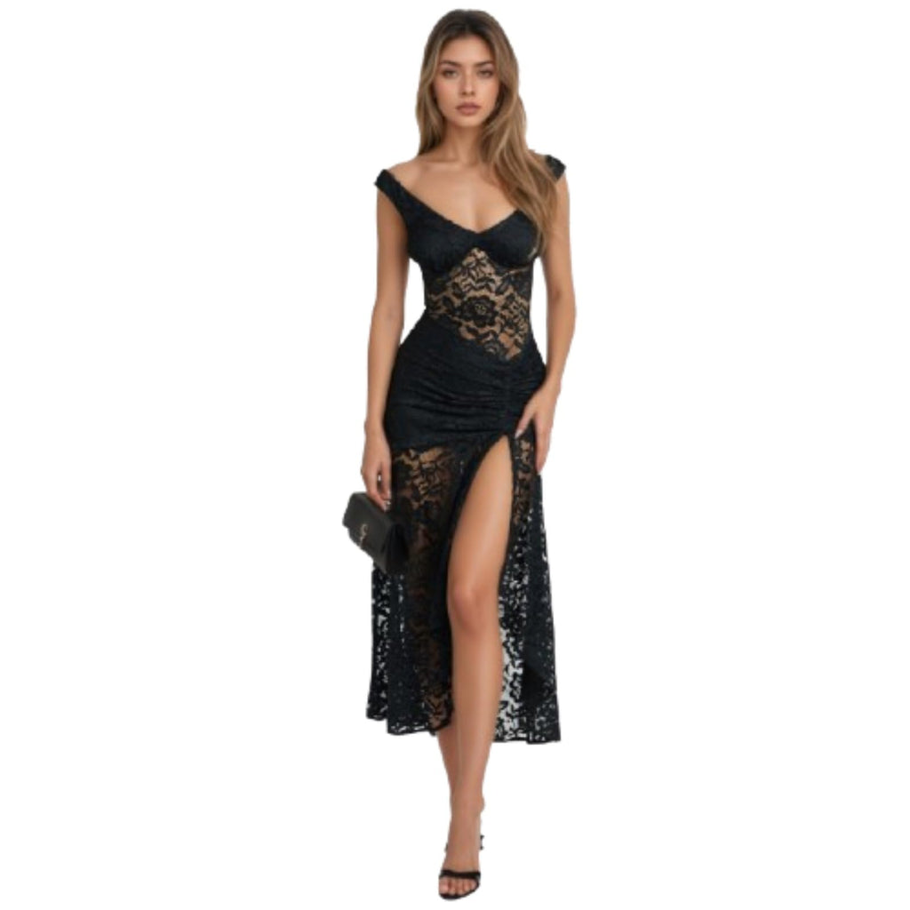 OCUH Black Lace Dress Sheer Maxi Dresses Sexy Outfit for Women Going Out High Slit Skirt Bodycon Vacation Party Wear