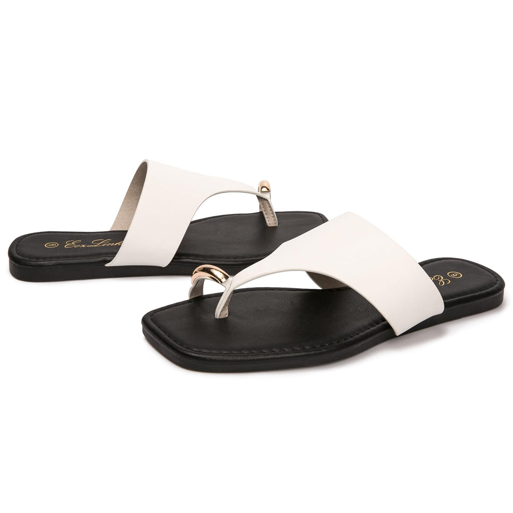 Eozlink Women's Toe Ring Flat Sandals, Slip On Dressy Summer Slides | PU Upper with Square Toe and Metal Accent for Resort and Casual Outfits