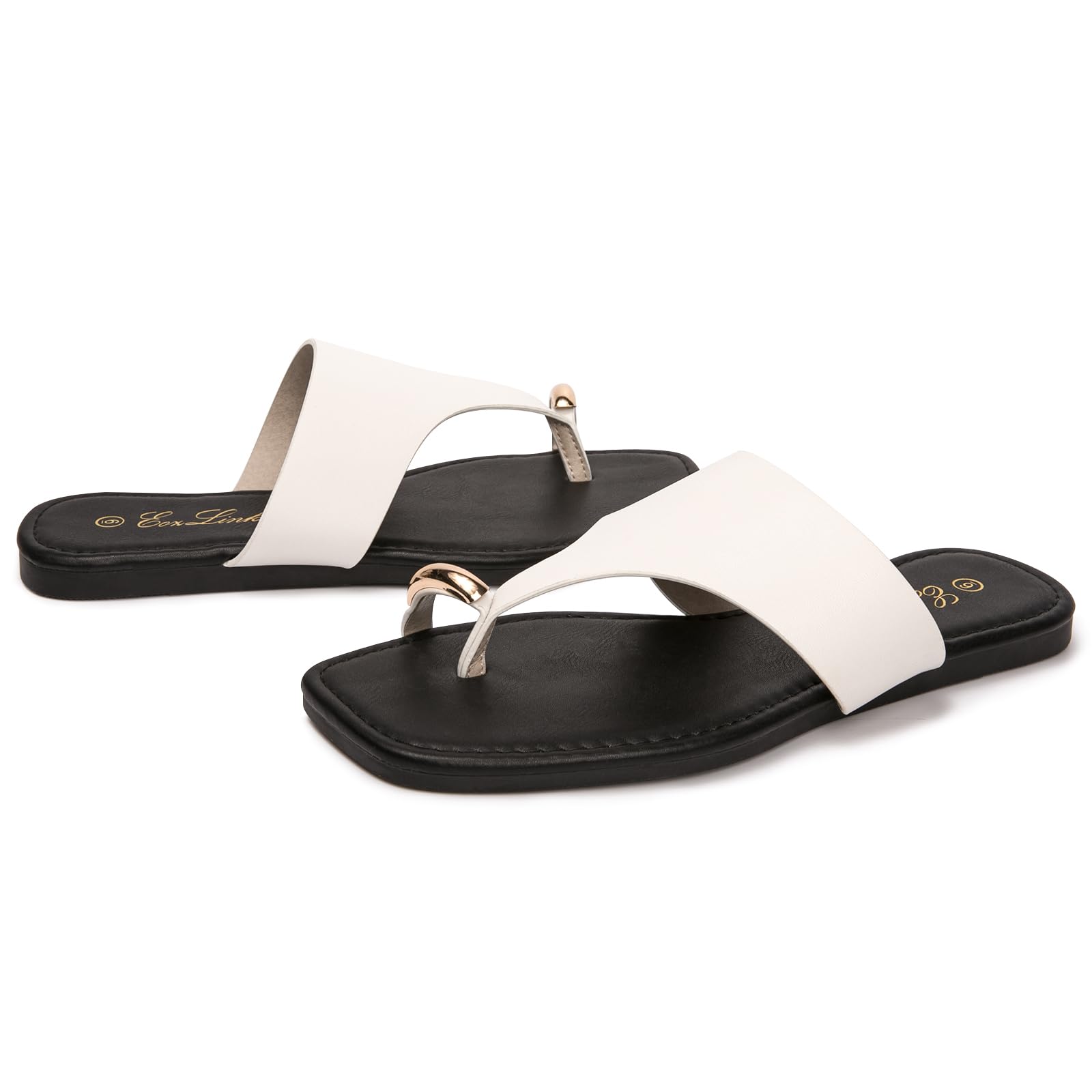 Eozlink Women's Toe Ring Flat Sandals, Slip On Dressy Summer Slides | PU Upper with Square Toe and Metal Accent for Resort and Casual Outfits