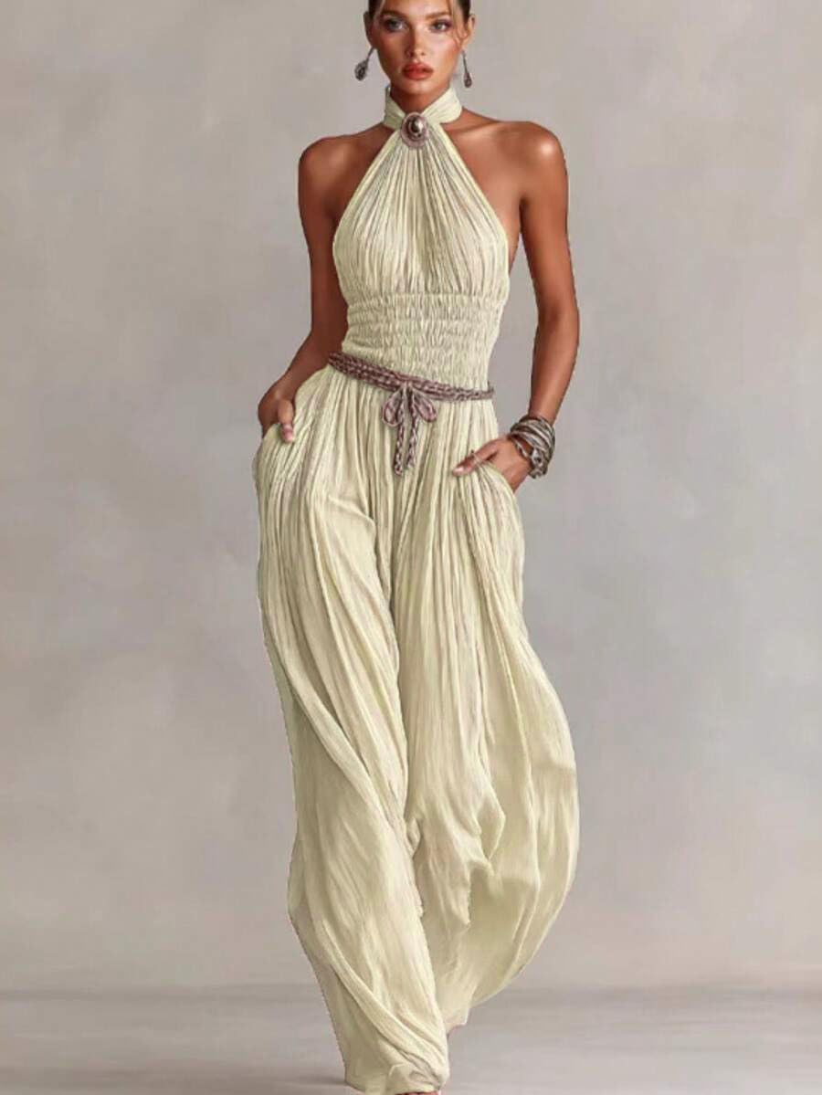 Wuitrie Women's Boho Halter Jumpsuit Pink Shirred Waist Wide Leg Pant Romper Vacation Party Outfits