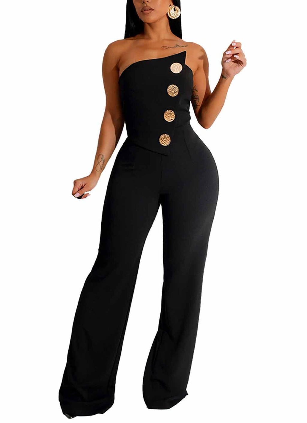 Yuopeid Women's Sexy Strapless Off Shoulder Bodycon Tube Top Overalls Jumpsuit Wide Leg Pants Formal Party Rompers