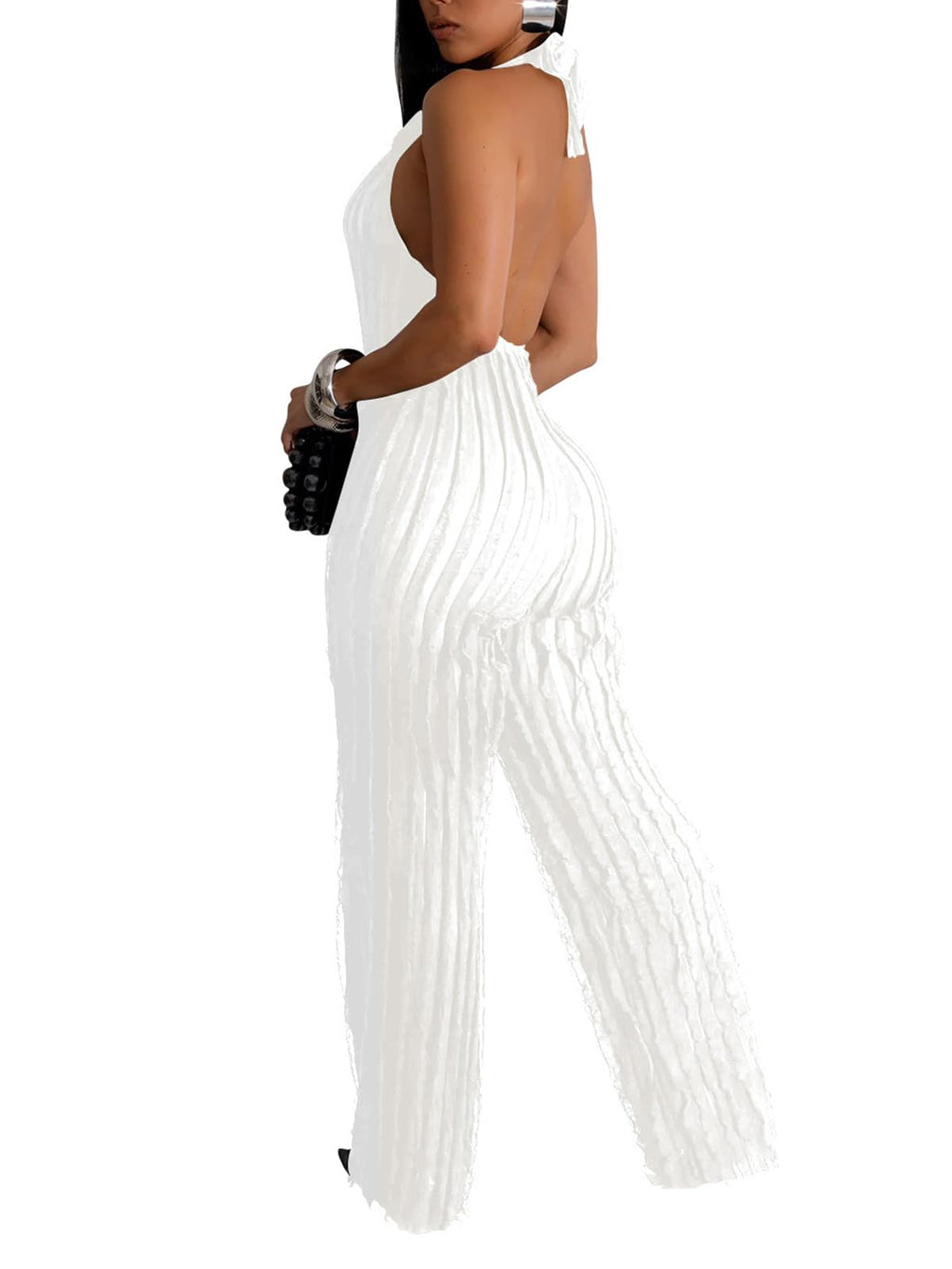 YBSKG Summer Halter Backless Jumpsuits for Women One Piece Wide Long Pants | Sexy See Through V Neck Tie Pleated One Piece Wide Leg Long Pants Romper