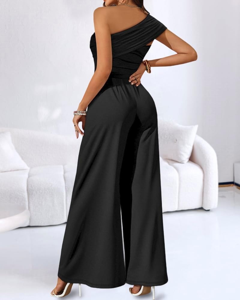 CHICME Women's Jumpsuit Dressy One Shoulder Buckle Decor Ruched Wide Leg Jumpsuits Elegant Party Overall