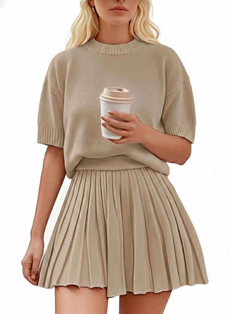 Womens 2 Piece Outfits 2026 Short Sleeve Crewneck Knit Tops And Pleated Mini Skirt Two Piece Sets