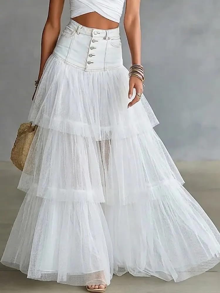 Maxi Skirt for Women Summer Denim Patchwork High Waist Tulle Tiered Flowy Party Club Long Skirts