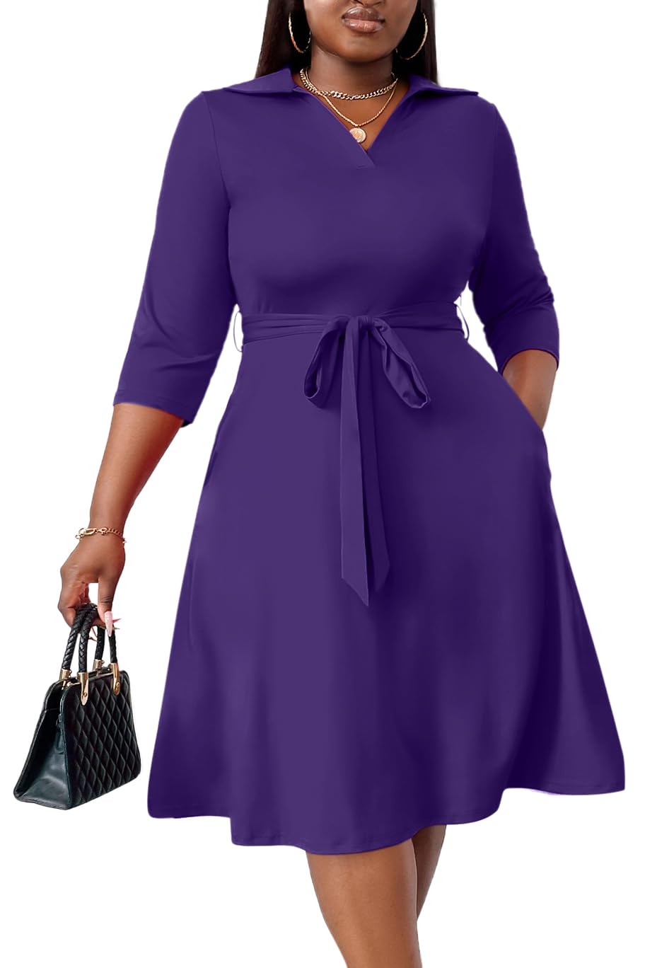 FANDEE Plus Size Midi Dress for Women Casual - Fit and Flare Summer Dresses | Semi Formal,African Print,Polo Collar Cocktail Dress,With Pockets And Belt