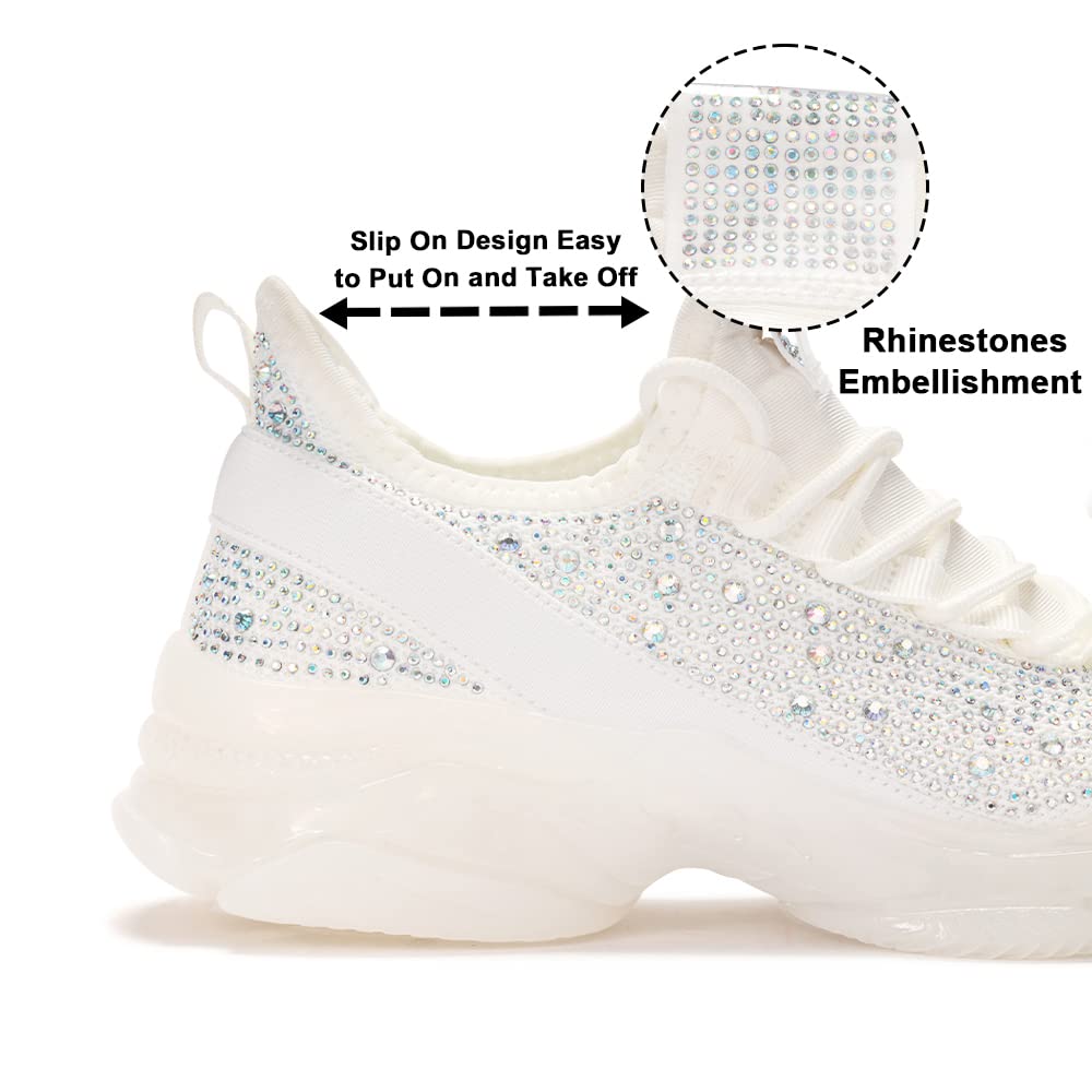 BELOS Women Rhinestone Mesh Slip On Walking Shoes | Fashion Breathable Spakle Glitter Sneaker