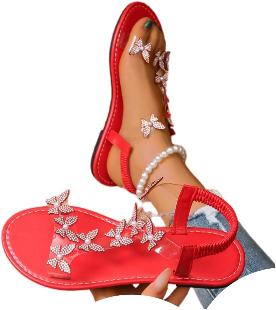 Women's Butterfly Rhinestone Flat Sandals Glitter Sparkly Bling Strappy Open Toe Elegant Transparent Elastic Strap Gladiator Sandals for Dressy Summer Wedding Bridal Prom Travel Daily Wear