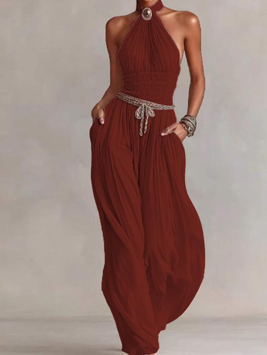Wuitrie Women's Boho Halter Jumpsuit Pink Shirred Waist Wide Leg Pant Romper Vacation Party Outfits