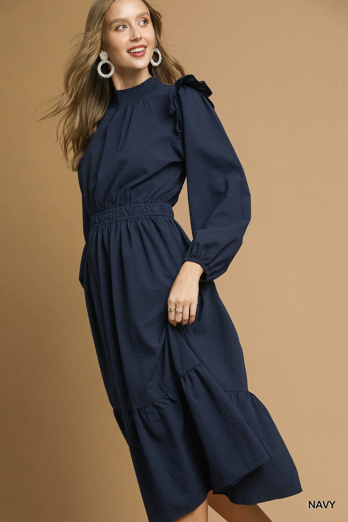 Umgee Textured Midi Dress with Ruffle Shoulder Detail