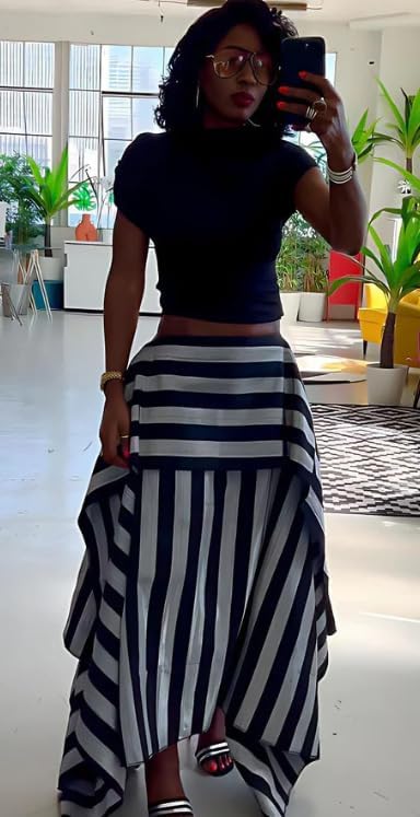 THLAI Skirts for Women Striped Print Patchwork Ruffle Hem Flowy Long Maxi Skirt High Waist Casual Vacation Streetwear
