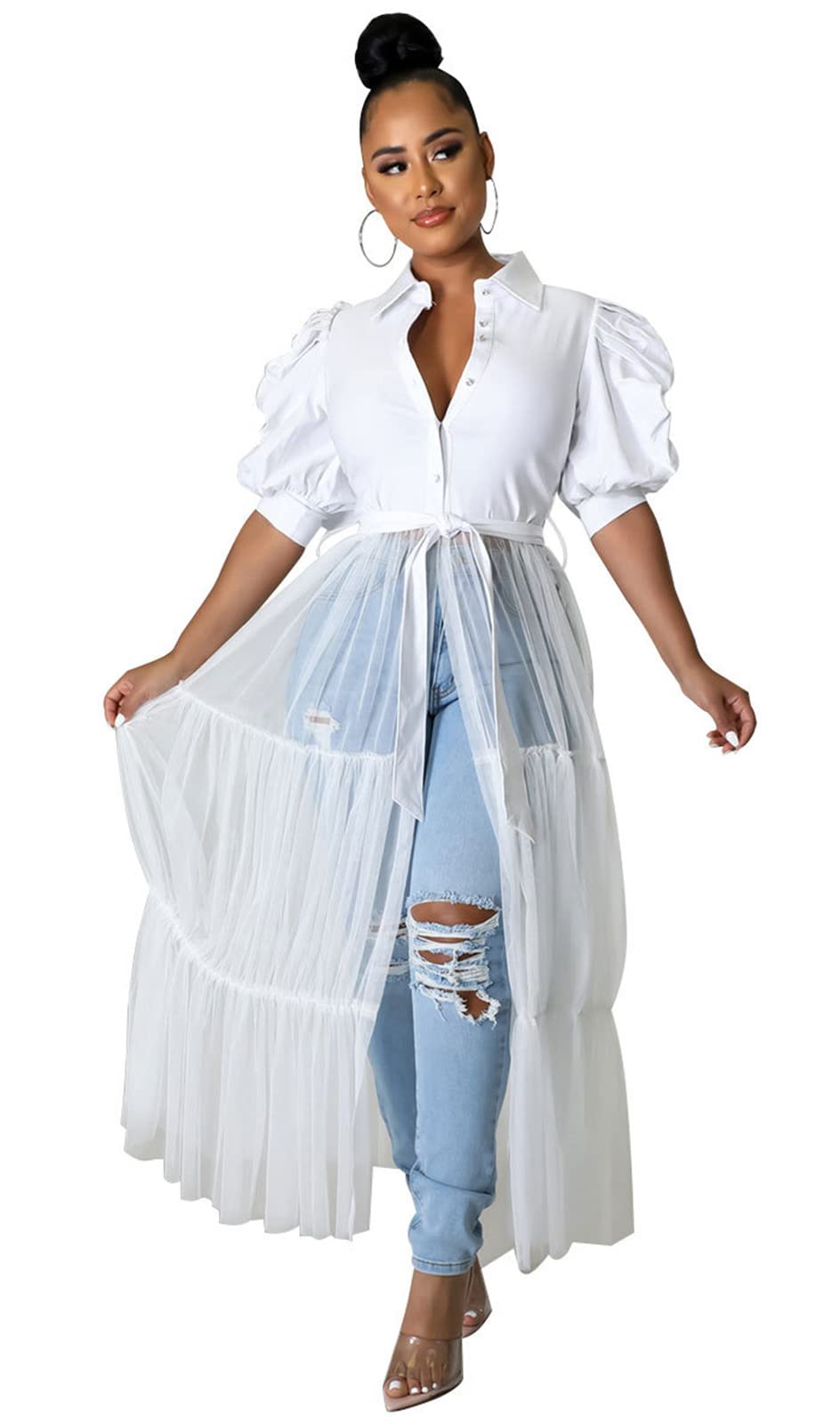 Ekaliy Women's Ruffle Blouse Shirt Asymmetrical Tunic Dress with Belt | Short sleeve,Bodycon,Ruffle,Club ,Party outfits,Asymmetrical Irregular Hem,Tops Blouse Shirt Dress