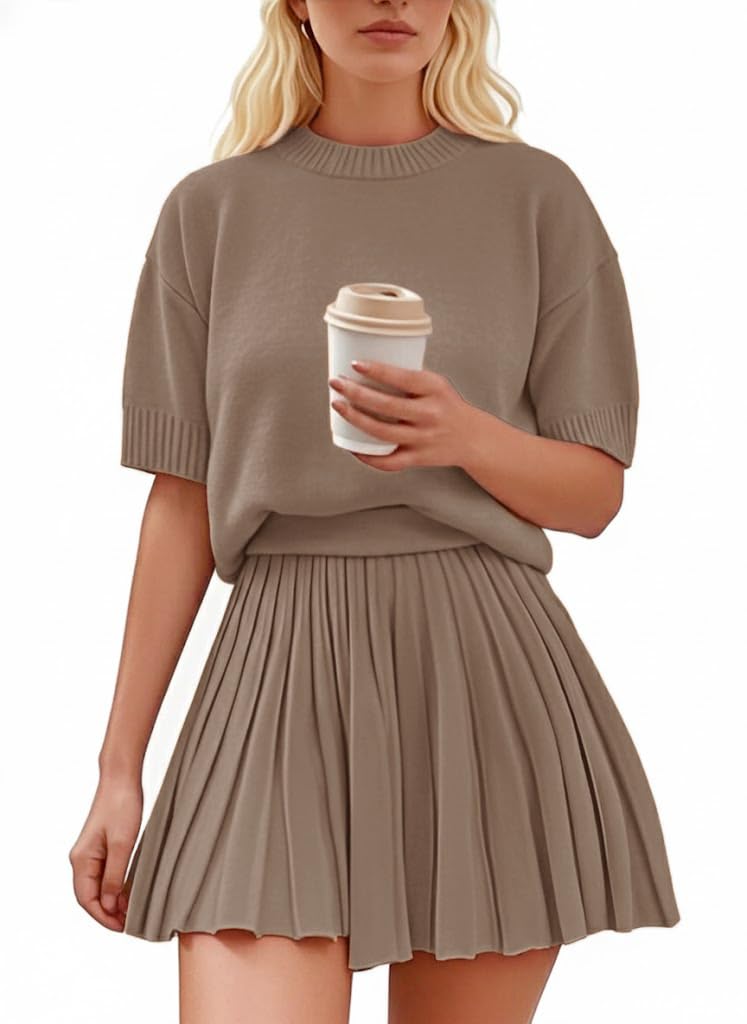 Womens 2 Piece Outfits 2026 Short Sleeve Crewneck Knit Tops And Pleated Mini Skirt Two Piece Sets