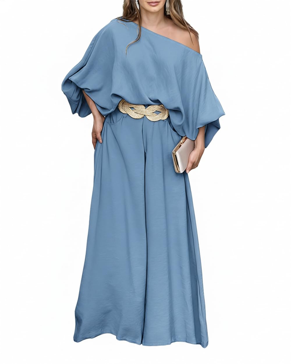CHICME Women 2 Piece Summer Outfit Off Shoulder Flowy Wide Leg Pants Set | Off Shoulder, Lantern Sleeve Matching Set, 2 Piece Sets for Women Dressy, Vacation Travel Airport Outfits