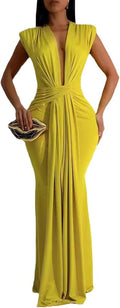 Yuopeid Women's Sexy Sleeveless Deep V Neck Fashion Ruched Bodycon Floor Length Formal Evening Party Maxi Long Dress