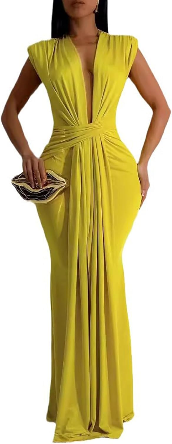 Yuopeid Women's Sexy Sleeveless Deep V Neck Fashion Ruched Bodycon Floor Length Formal Evening Party Maxi Long Dress