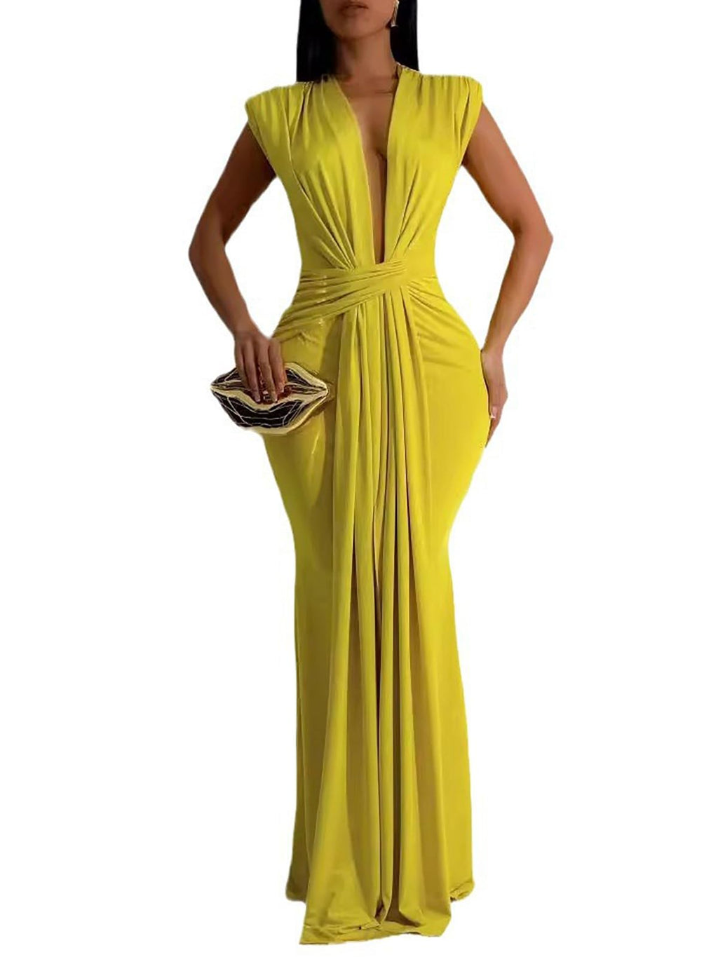 Yuopeid Women's Sexy Sleeveless Deep V Neck Fashion Ruched Bodycon Floor Length Formal Evening Party Maxi Long Dress