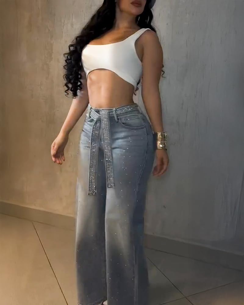CHICME High Waisted Wide Leg Jeans for Women Rhinestone Embellished Denim Pants with Matching Sparkle Belt