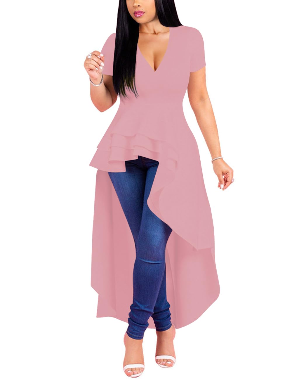 Lrady Womens V Neck Short Sleeve High Low Cocktail Party Dresses Peplum Tunic Tops Shirt Dress
