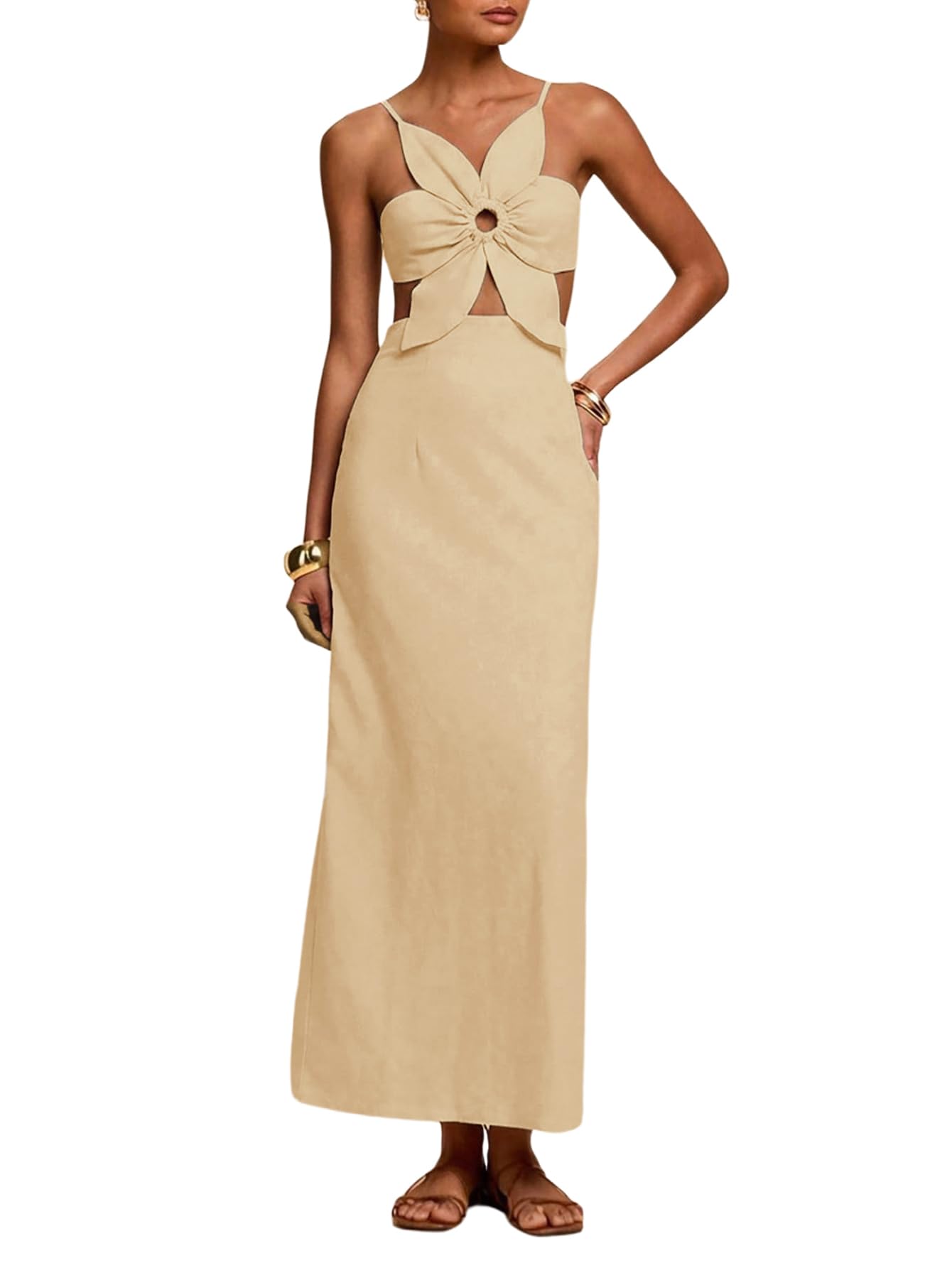 SHENHE Women's Petal Backless Linen Maxi Dress Cut Out Vacation Dresses | Keyhole, Spaghetti Strap, Open Back, Long Dress, Zipper, Summer, Date Night, Cami Dresses