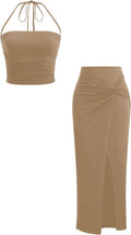 Verdusa Women's 2 Piece Set Summer Vacation Outfits Going Out Matching Set | Ruched Crop Halter Top, Asymmetrical Slit Long Skirt, Two Piece Skirt Set for Women, Summer Sets
