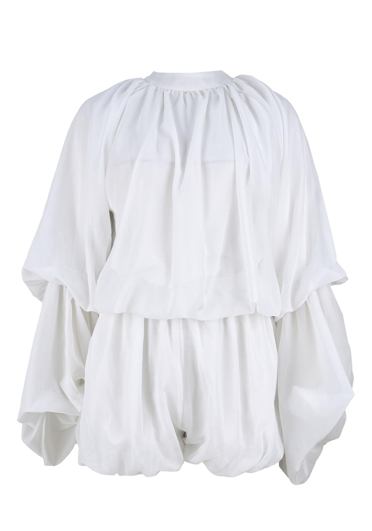 LETSVDO Shorts Sets Women 2 Piece Outfits Mock Neck Bell Sleeve Chiffon Top Blouse Pleated Ruffle Bubble Short Set Romper