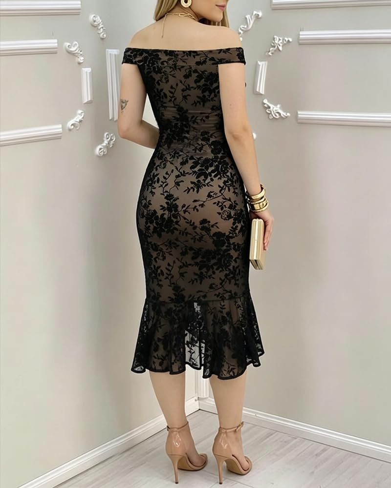 CHICME Women's Sleeveless Flocked Floral Dress | Off Shoulder Ruffle,Bodycon Slit Dress,Sheer Mesh,Mermaid Gown for Evening Cocktail Party Wedding