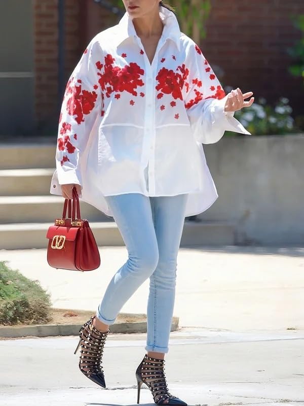 UOOZEE Women's Collar Long Sleeve Boyfriend Shirt Loose Oversized Business Casual High Low Tops Blouse