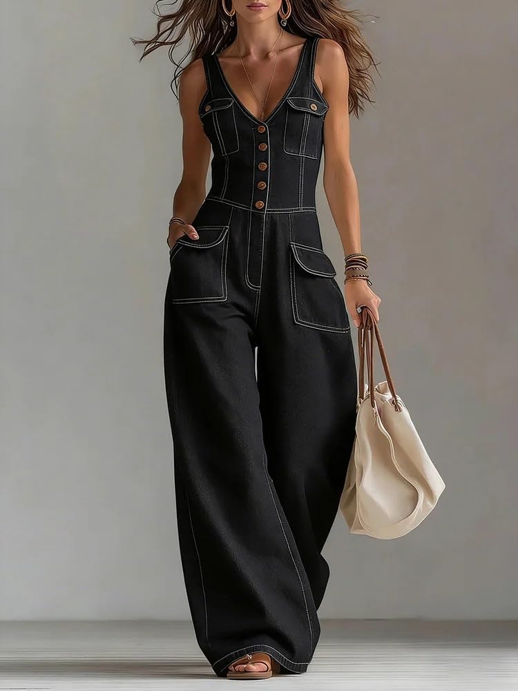 Denim Jumpsuit For Women Sleeveless V Neck Button Front Wide Leg Pants Casual Outfit