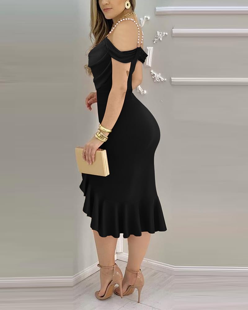 CHICME Womens Cocktail Dresses Pearls Strap Bodycon Midi Dress | Off Shoulder Design, Ruffle Hem Style, Soft Stretch Fabric, Birthday Party Wear, Wedding Guest Outfit, Date Night Look