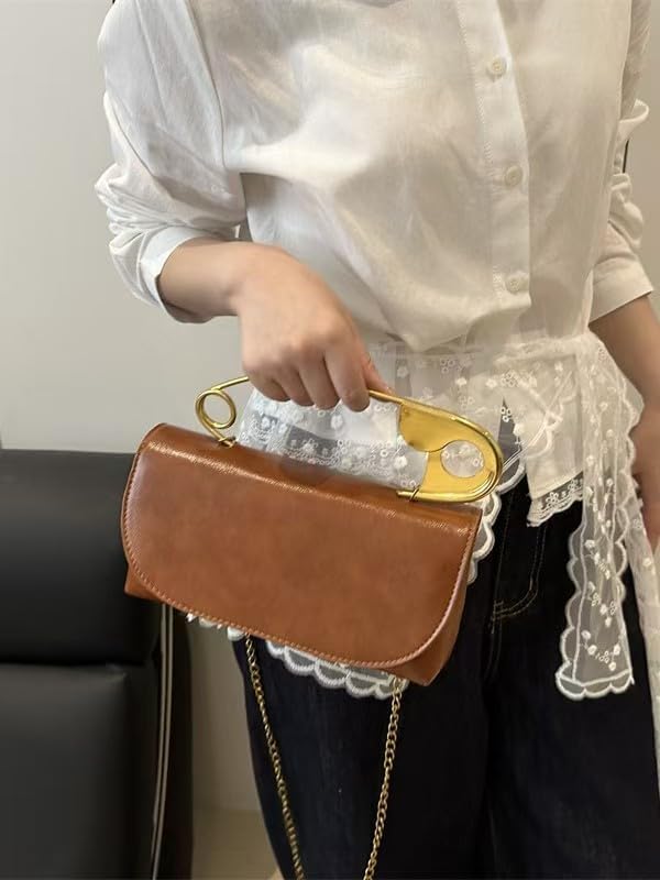 Women's Unique Safety Pin Crossbody Purse | Leather Clutch Bag Gold Handles Chain novelty clutch