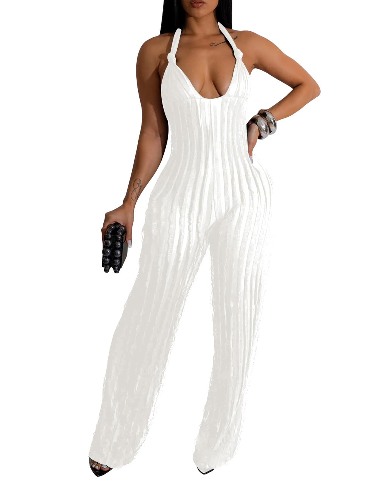 YBSKG Summer Halter Backless Jumpsuits for Women One Piece Wide Long Pants | Sexy See Through V Neck Tie Pleated One Piece Wide Leg Long Pants Romper