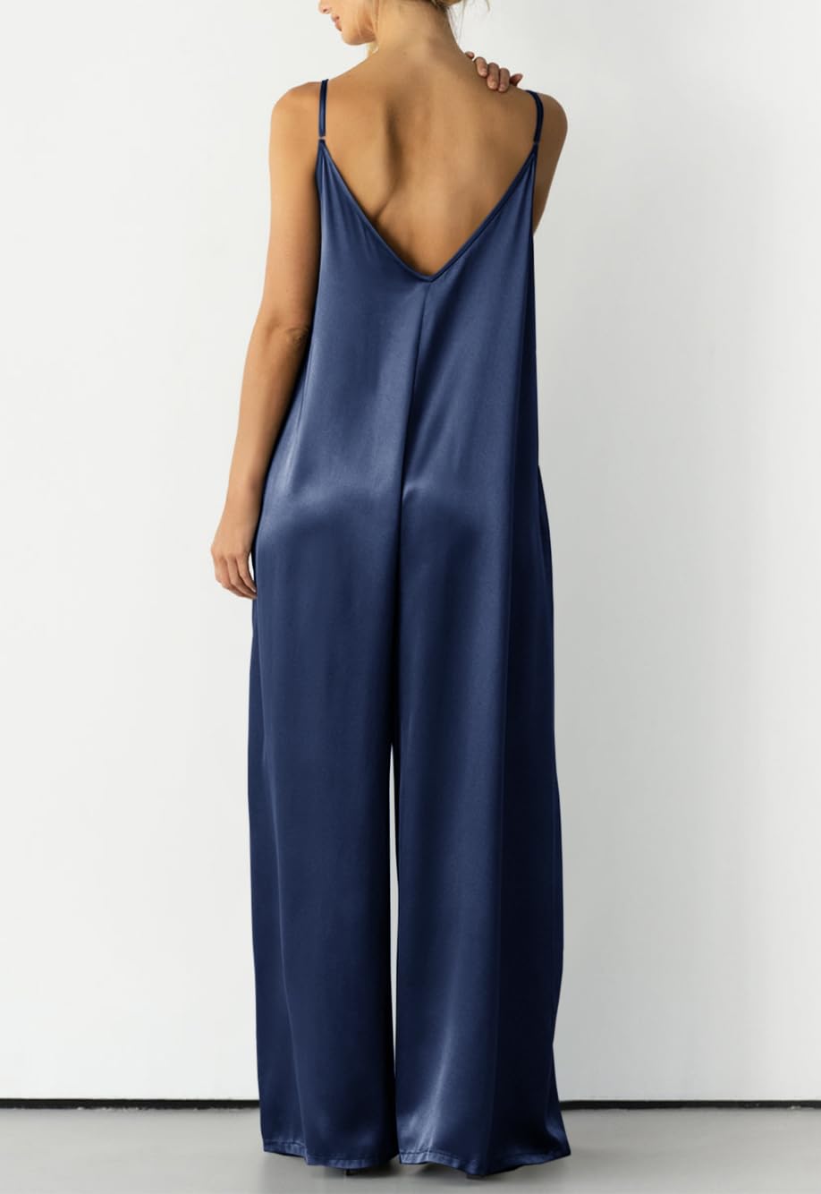 Womens Satin Wide Leg Jumpsuits Dressy Flowy Date Night Rompers Outfits | Silky Fabric,Casual Relaxed Fit,Formal,Wedding Guest,cocktail,Sexy V Neck,Spaghetti Strap,Summer,One Piece Outfit