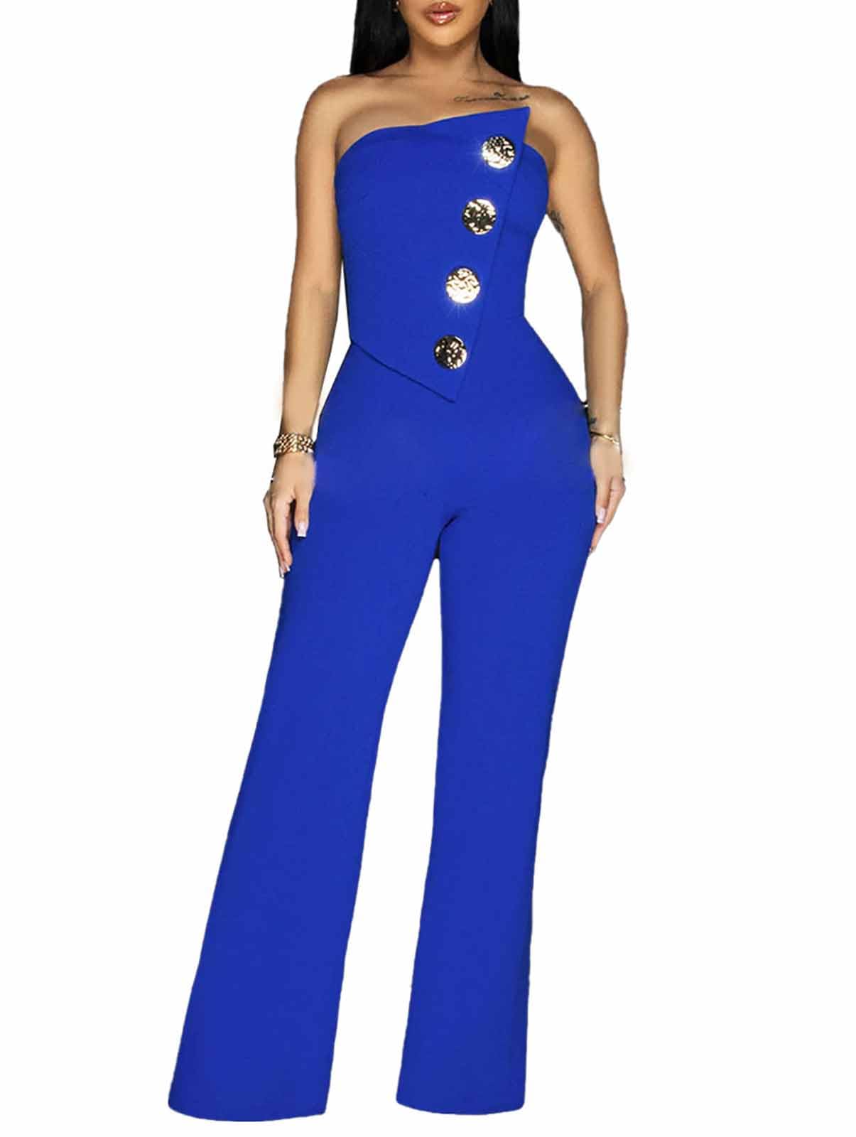 Yuopeid Women's Sexy Strapless Off Shoulder Bodycon Tube Top Overalls Jumpsuit Wide Leg Pants Formal Party Rompers