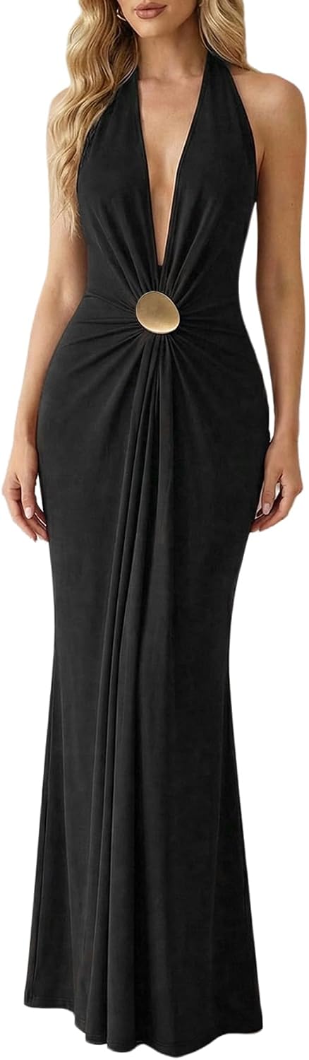 OYOANGLE Women's Halter Maxi Dress Deep V Neck Sexy Wedding Guest Dresses | Cocktail Dress, Formal Dresses, Beach Dress, Vacation Dress, Date Night Long Dress, Backless