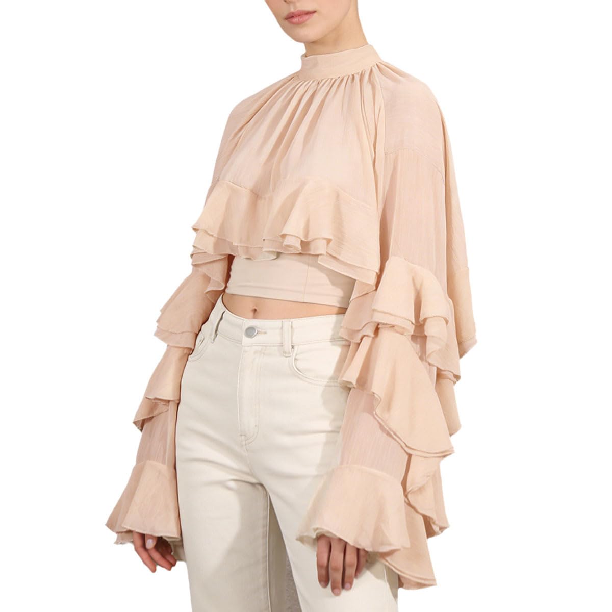 Women's White Sheer Chiffon Crop Top High Neck Layered Ruffle Flare Sleeve Blouse Elegant Casual Party Tops