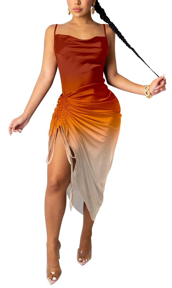 Women's Spaghetti Strap Satin Dress Sexy Backless Drawstring Ruched Split Hem Cocktail Evening Party