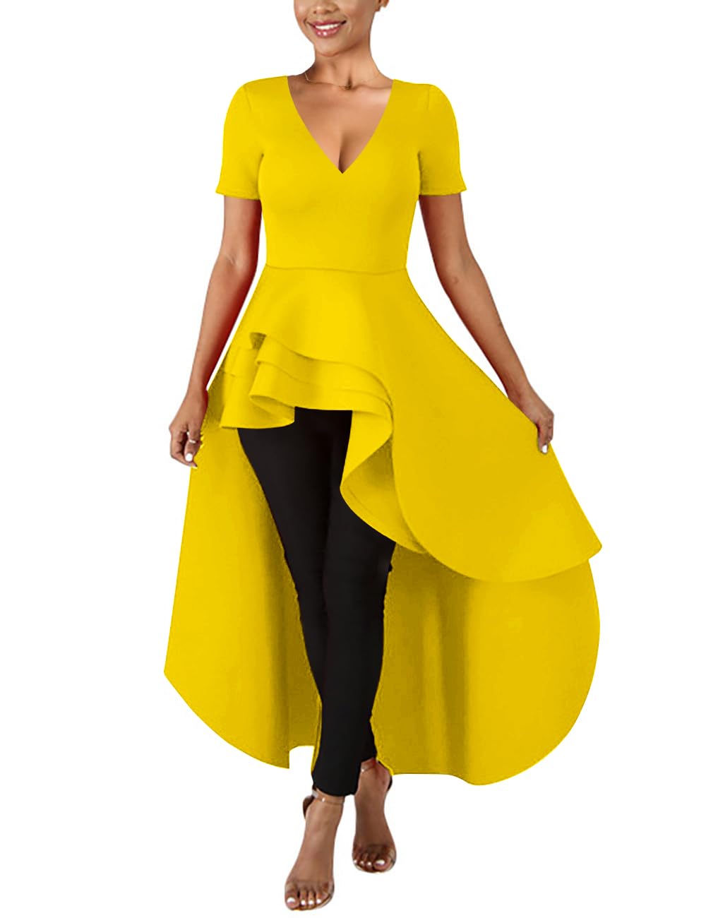 Lrady Womens V Neck Short Sleeve High Low Cocktail Party Dresses Peplum Tunic Tops Shirt Dress