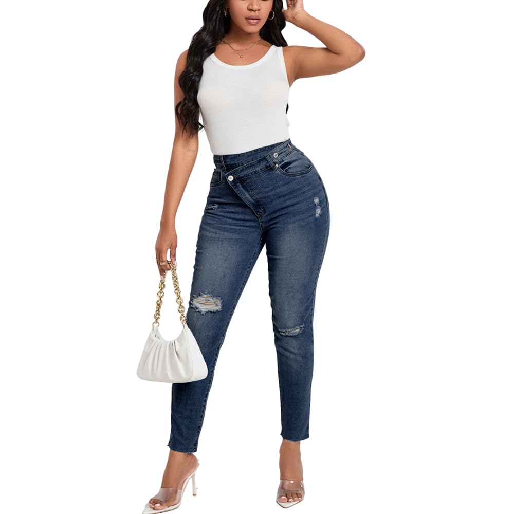 HTD Women's Boyfriend Jeans Ripped Skinny Jeans Distressed Stretchy Denim Pants